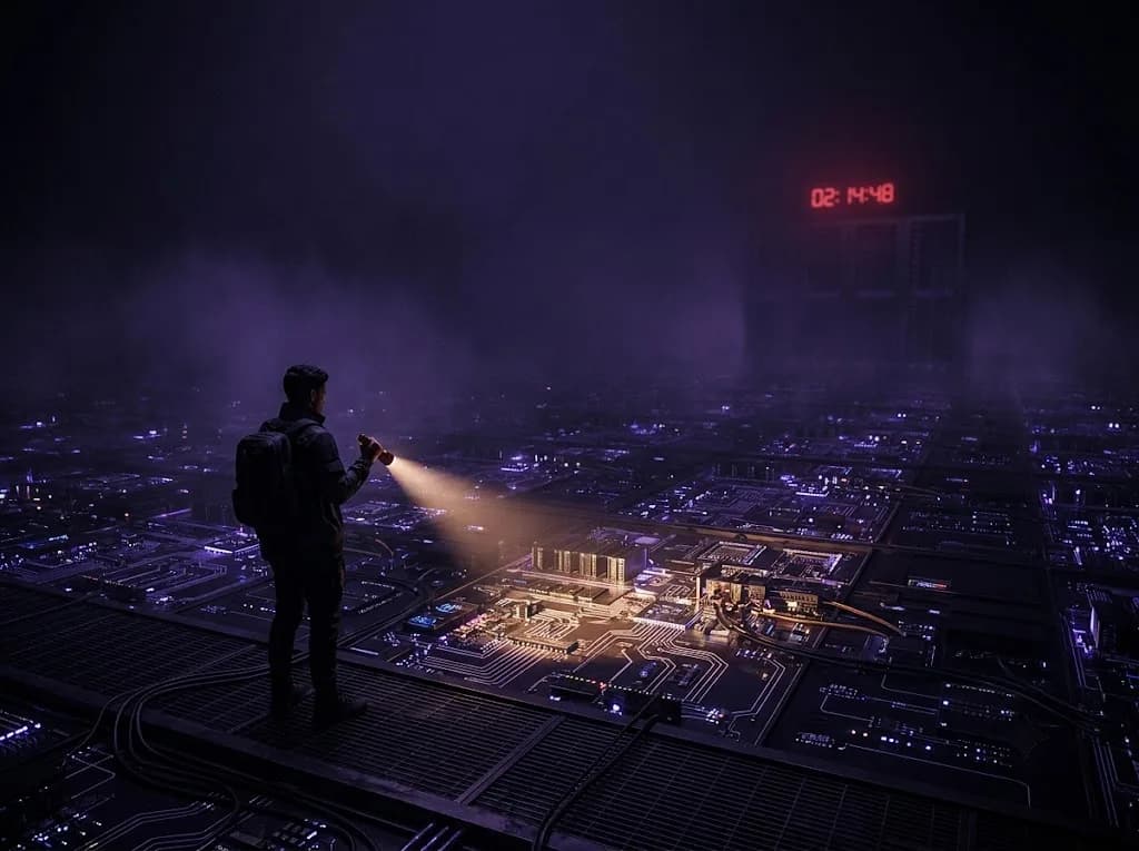 A lone pentester's flashlight lights up one small block of a vast circuit-board city fading into darkness, beneath a red countdown clock.